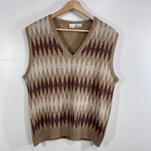 Vintage Mister Man Argyle Sweater Vest XL Brown Tan Wool Blend V Neck Retro 80s
